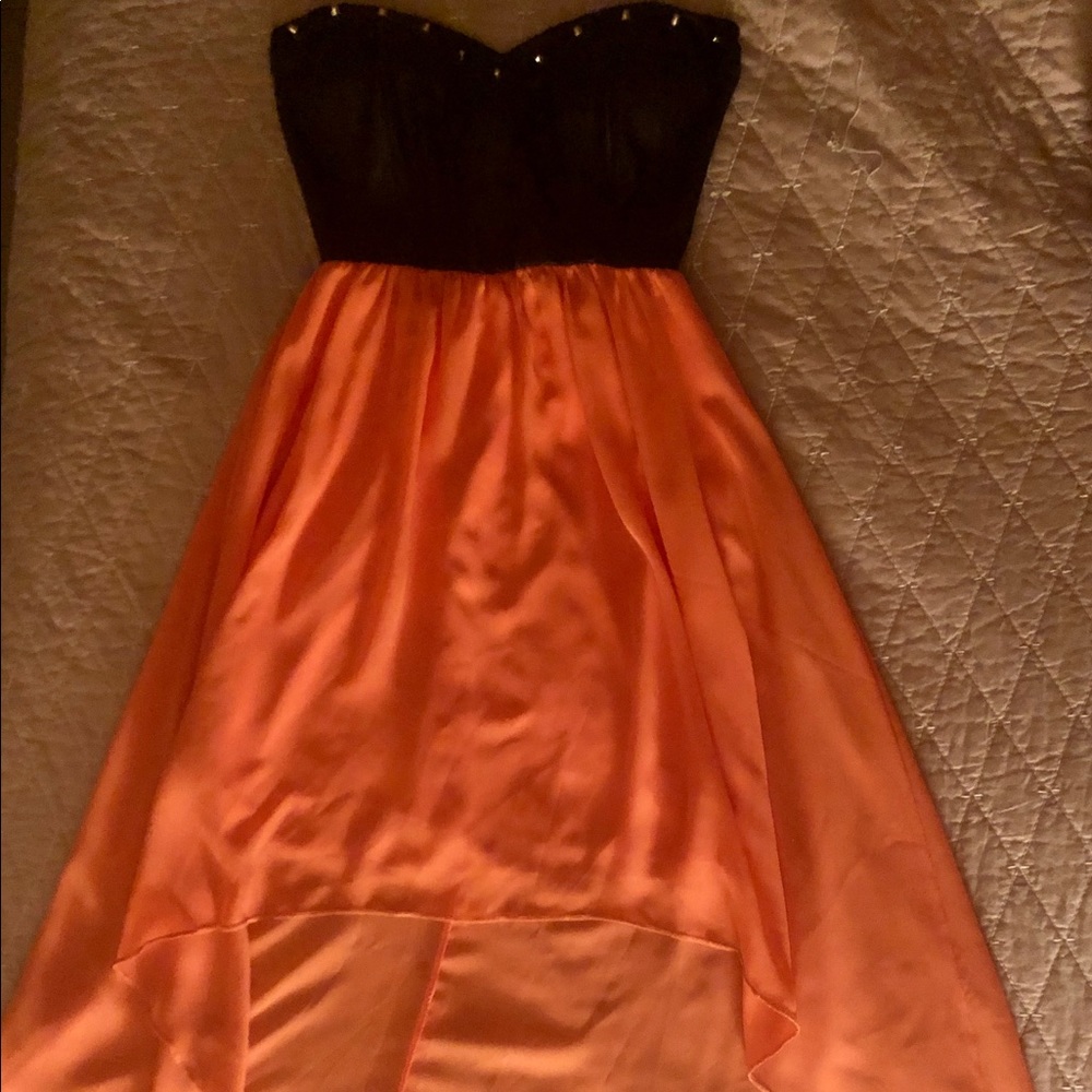 Orange Chiffon/ Faux Leather High Low Dress